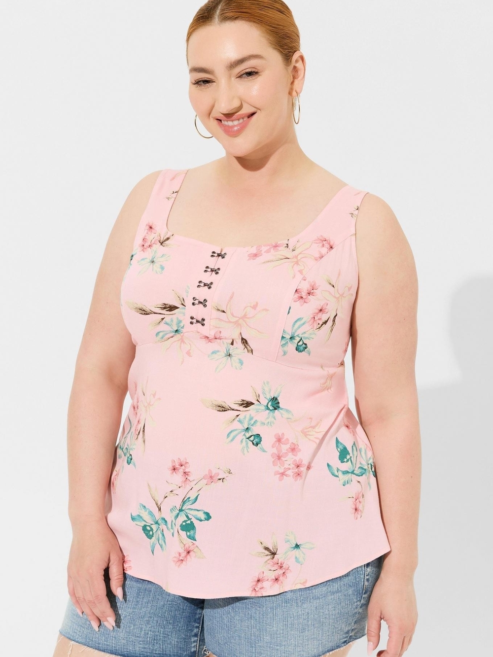 Torrid Pink Floral Fit & Flare Rayon Slub Sleeveless Top Blouse Tank Shirt